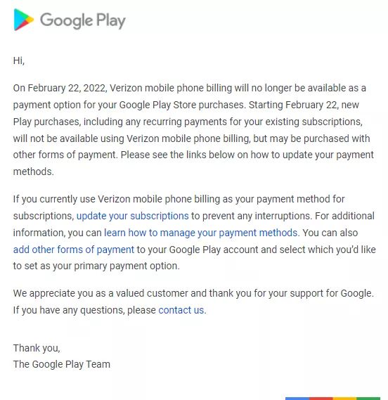 Verizon drops support for Google Play Store carrier billing